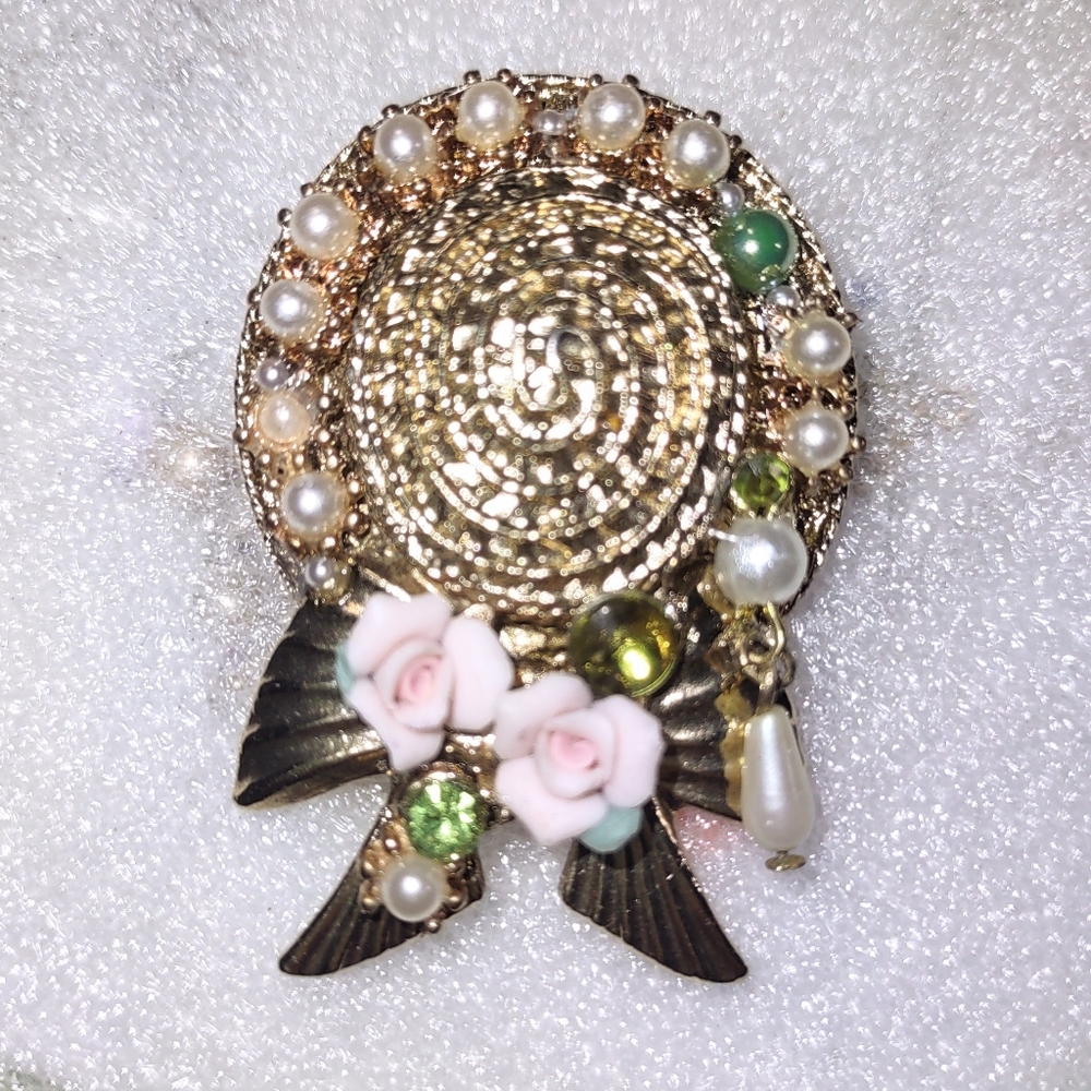 1928 Vintage Inspired Gold Sunhat Porcelain Flowers & Pearls Brooch